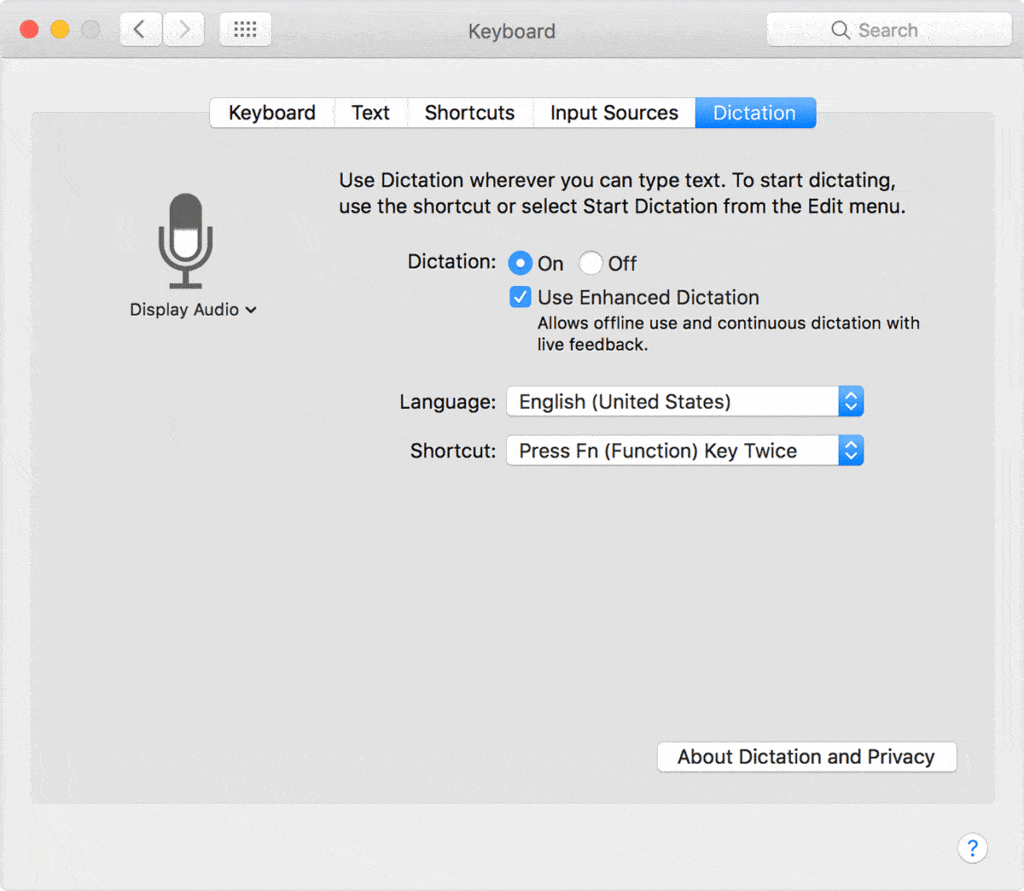 i need a list of dictation commands for mac os high sierra